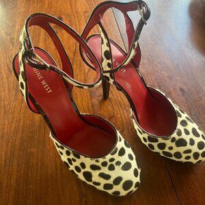 Nine West Black & White Leopard-Print Heels With Red Interior Womens Size 10M Fa